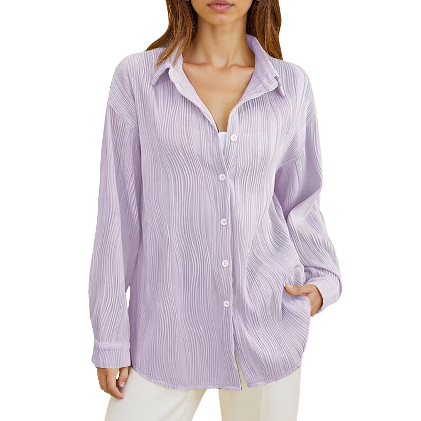 Women's Elegant Long Sleeve Jacquard Blouse Casual Comfortable Shirt for Daily Vacation Spring Summer (Light Purple, L)