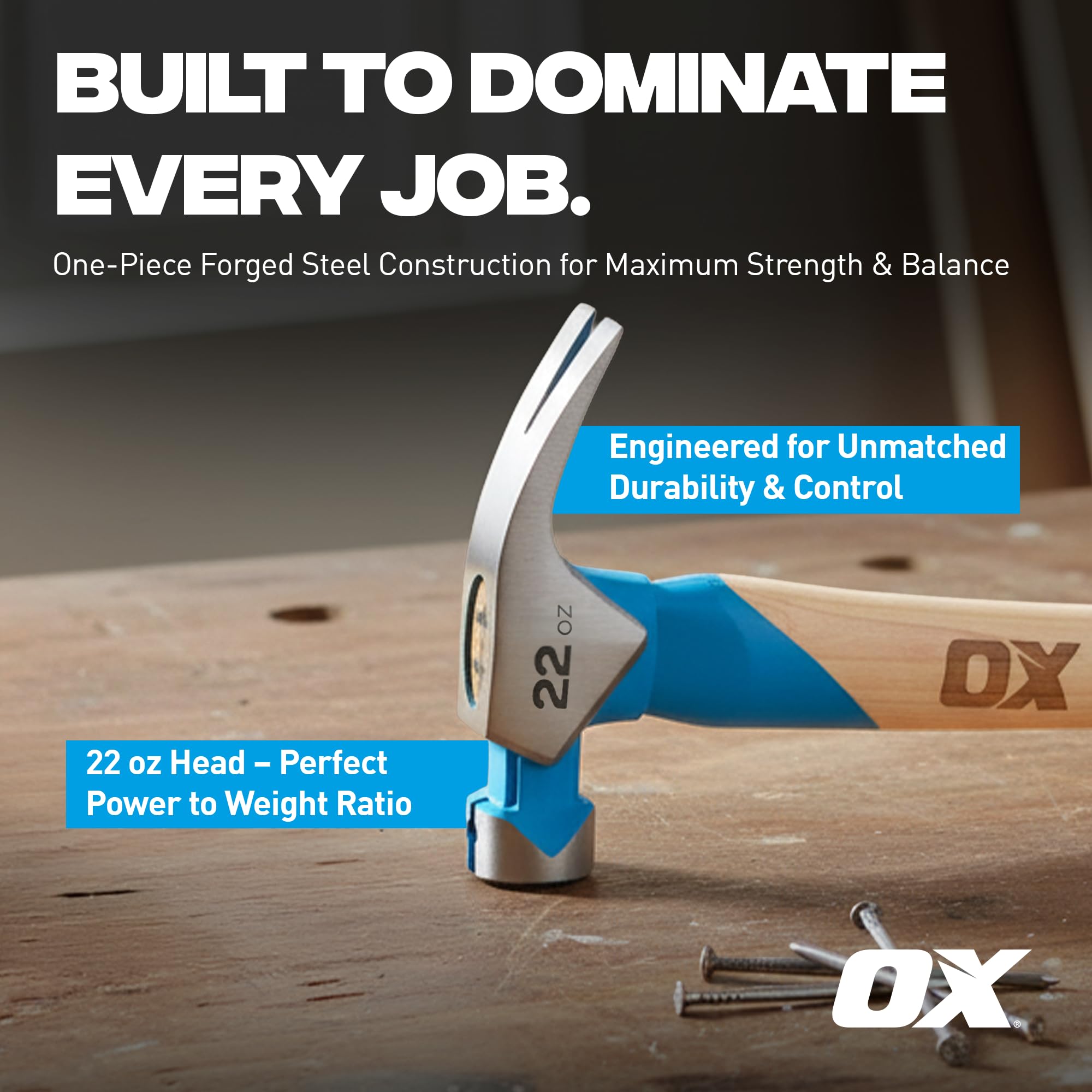 OX Tools Pro - Martello da falegname con testa zigrinata, manico dritto in noce americano, impugnatura in TPR e avviatore magnetico per chiodi