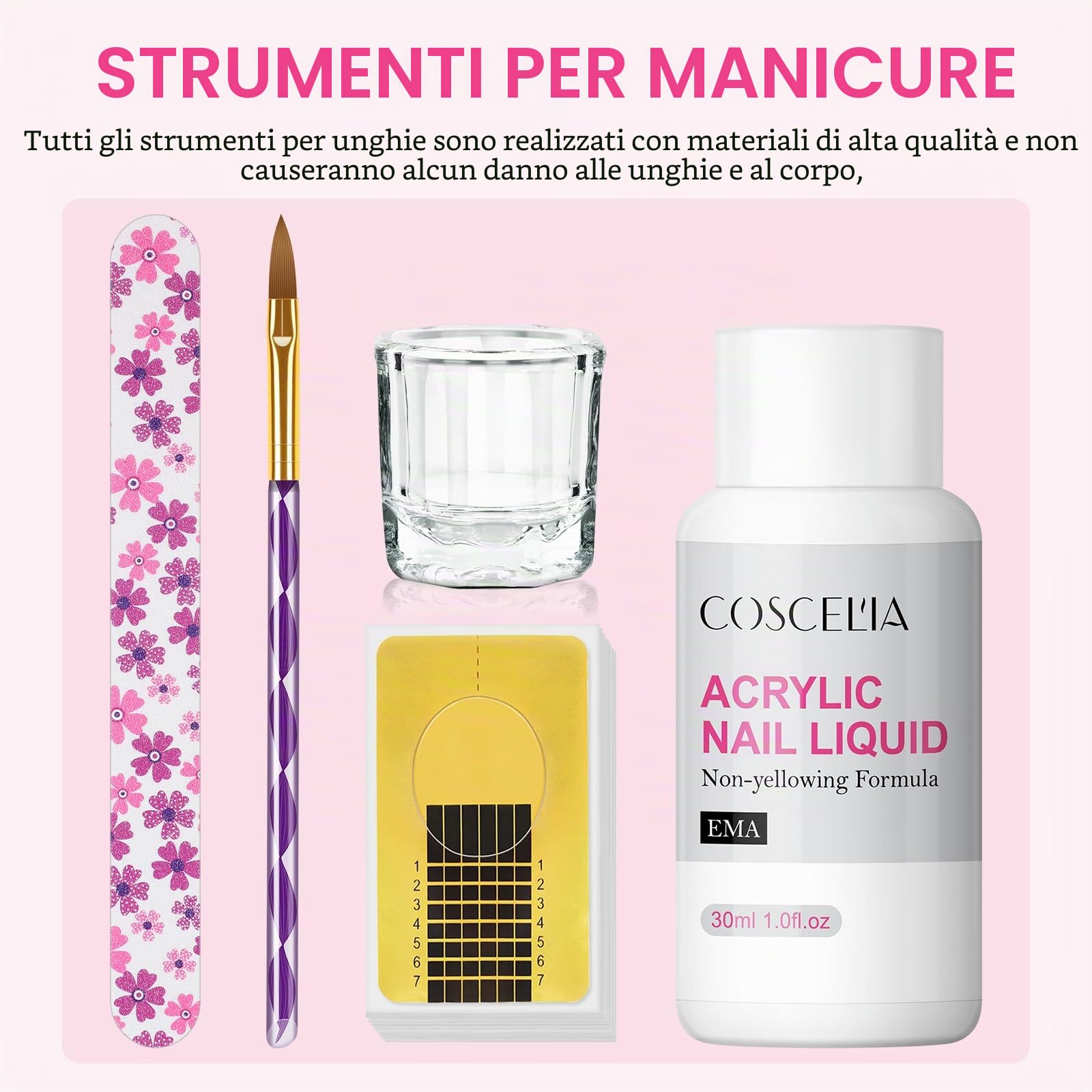 COSCELIA Kit Semipermanente Unghie 3 * 8g Starter Kit Semipermanente Bianco Rosa Trasparente 30ml Monomero Set di Estensione Unghie Regali per Principianti