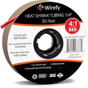 Wirefy 1/4" Heat Shrink Tubing - 41 Ratio - Adhesive Lined - Resistant Heat Shrink - 50 Feet Roll - Red