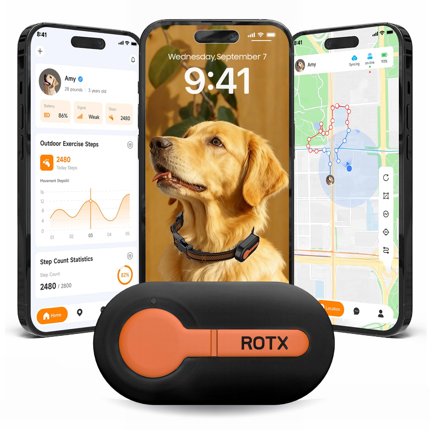 ROTX Dog GPS Tracker Real-time Tracker Alerts Virtual Fence Location for Pet Over 11.06lbs Dog Cat Collar Attachment of Random Color Subscription Required Waterproof IP67 Health & Wellness Black