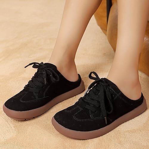 Miniatura 5 de UBFEN Pantuflas de piel de ante con soporte de arco para mujer, cómodas, para interiores y exteriores, con cordones