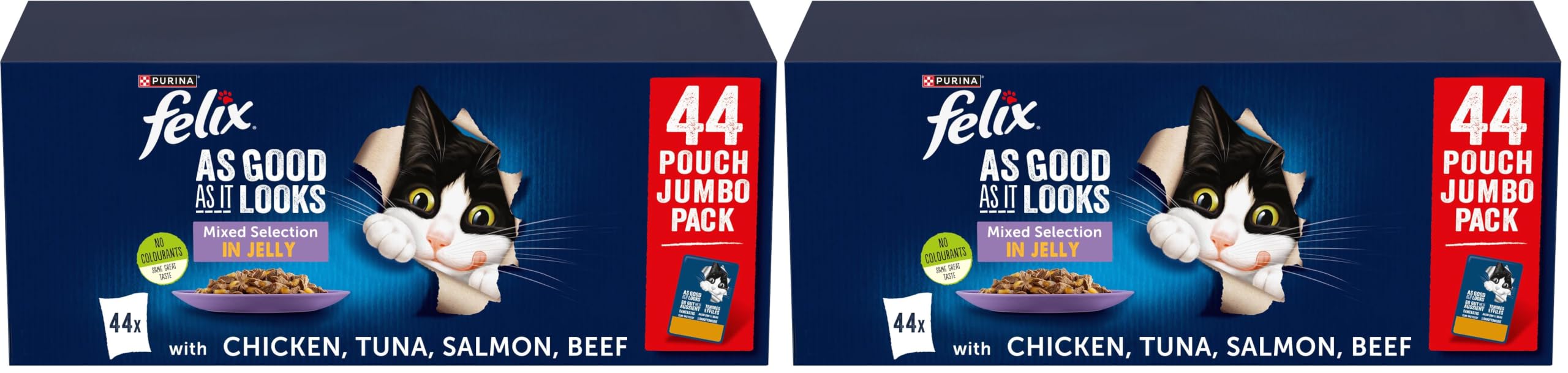 FELIX Fantastic, Comida Húmeda para Gato Adulto, Gelatina, Surtido de Buey, Pollo, Salmón y Atún, Pack de 44 Sobres de 85 g (Paquete de 2)