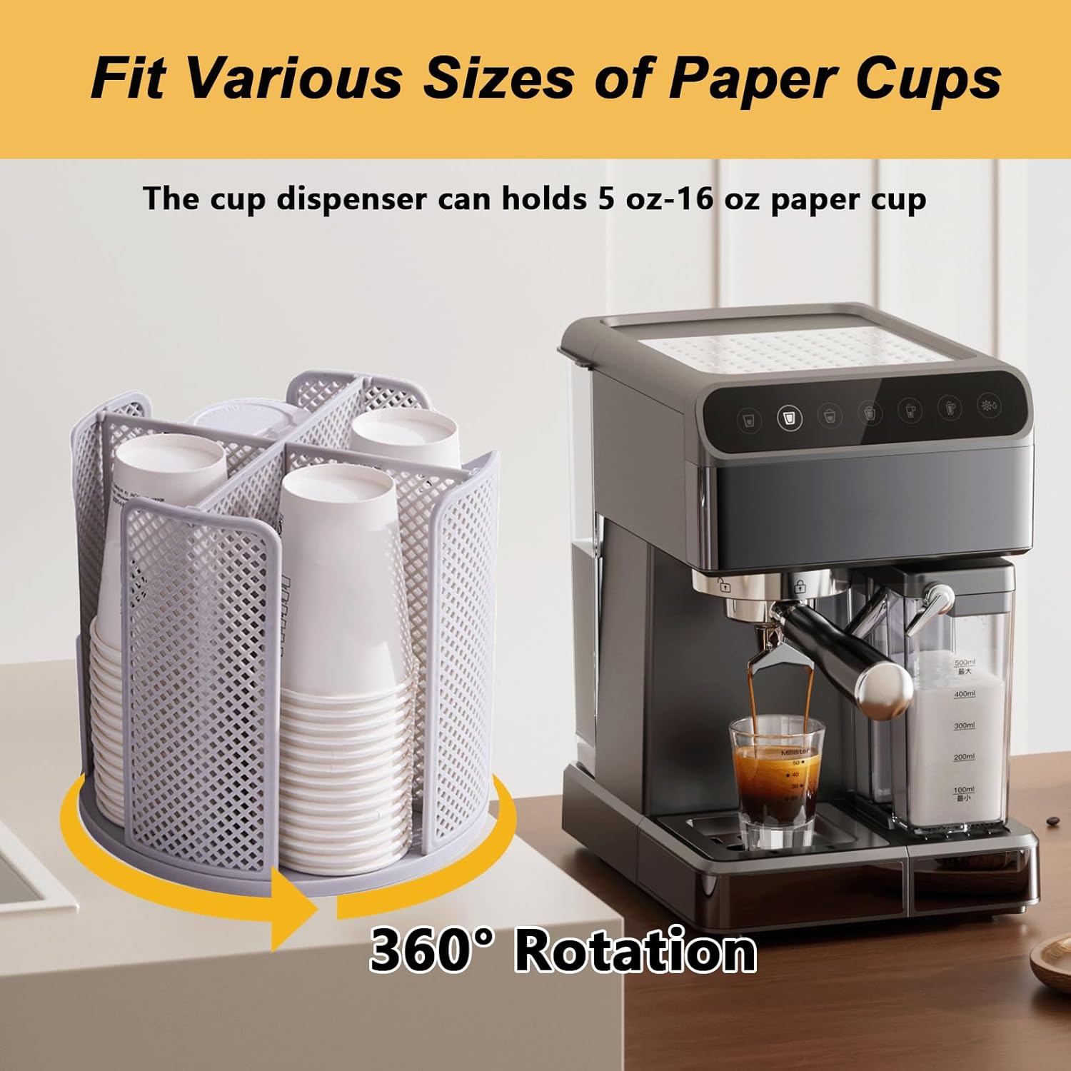 Coffee Cup Dispenser, Rotatable Cup and Lid Organizer with 4 Compartments, Coffee Cup Holder for 5-16oz Cups Organizer for Countertop, Restaurant, Coffee Station, Bar, Office, Home (Gray)