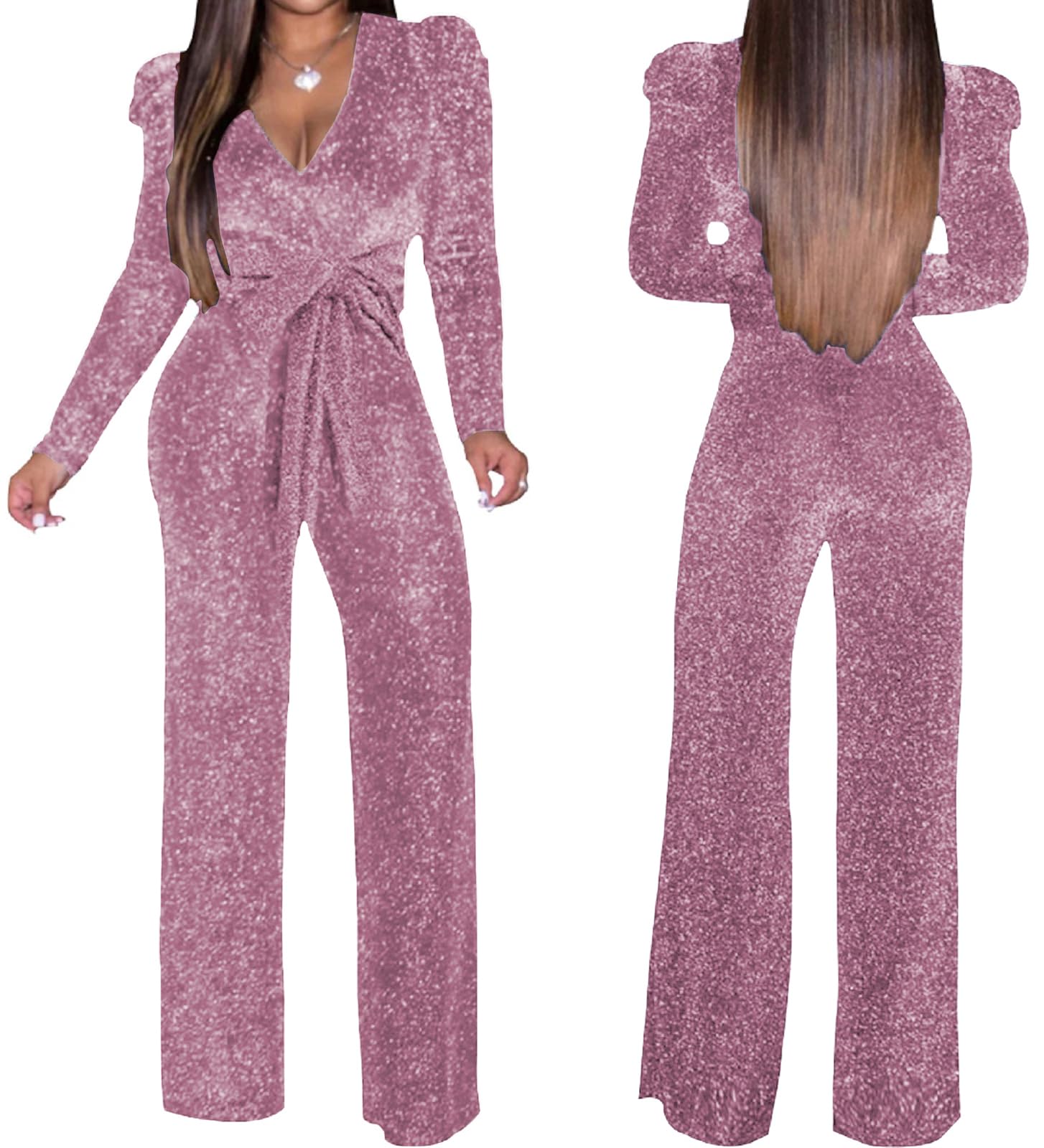 Tute scintillanti da donna sexy a maniche lunghe da cocktail elegante collo a lupetto aderente pantaloni lunghi dritti pagliaccetti con tasche, Rosa, Small
