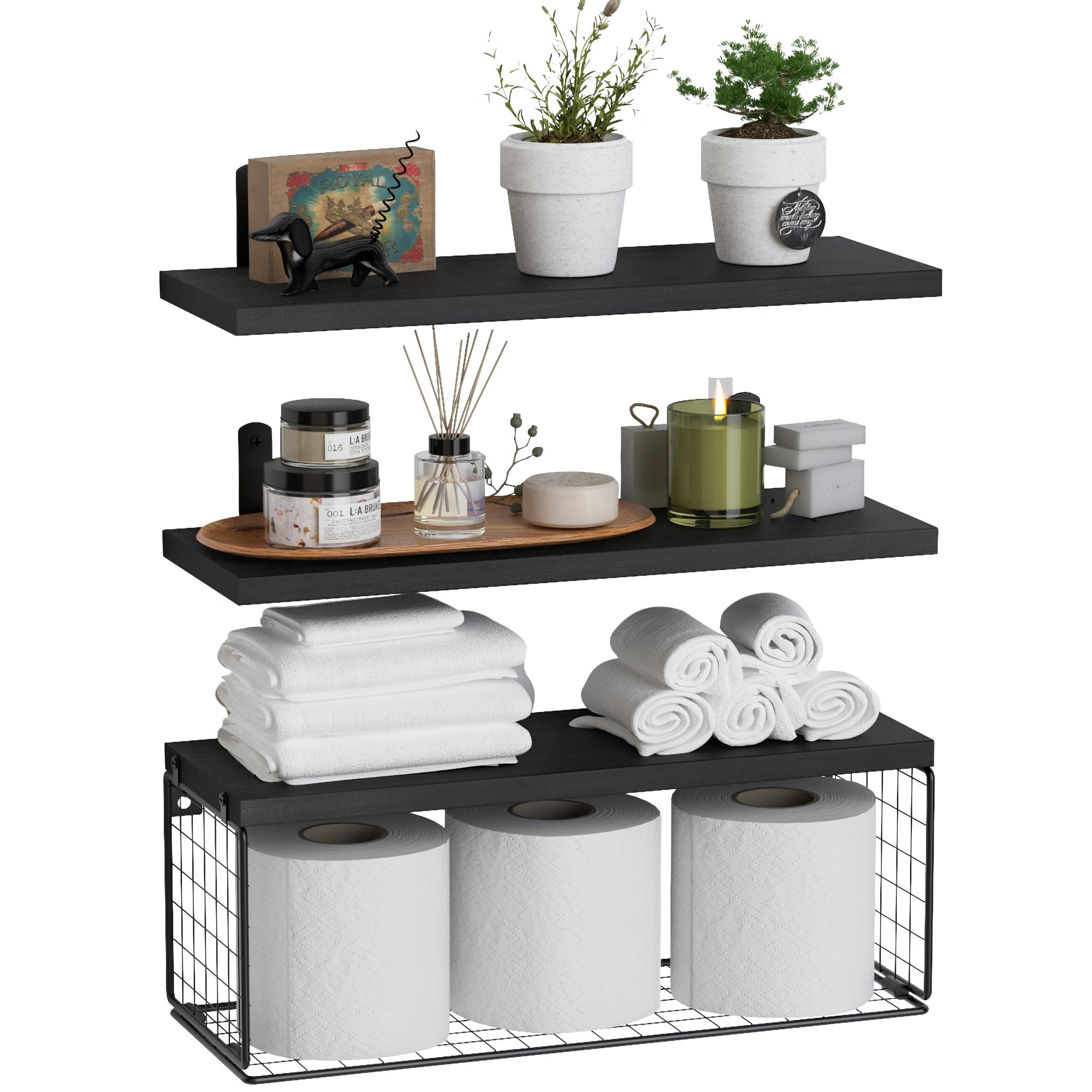 WOPITUES Bathroom Shelf Over Toilet, Floating Bathroom Shelf Wall Mounted with Wire Basket, Floating Shelf for Wall Décor-Black