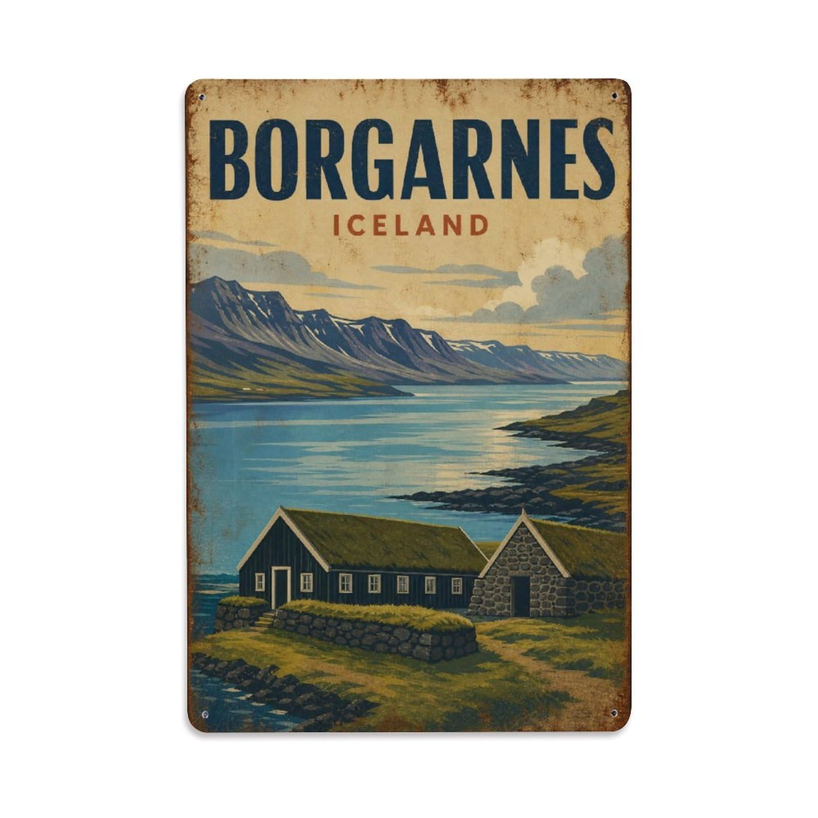Metal Tin Sign Retro Travel Iceland Borgarnes
