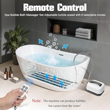 Portable Spa Bubble Bath Massager, Bubble Mat for Bathtub with Remote Control, 6-Speed Adjustable, Bubble Bath Mat with Powerful Suction Cup, Pillow, Bathtub Spa Mat for Body Relaxation