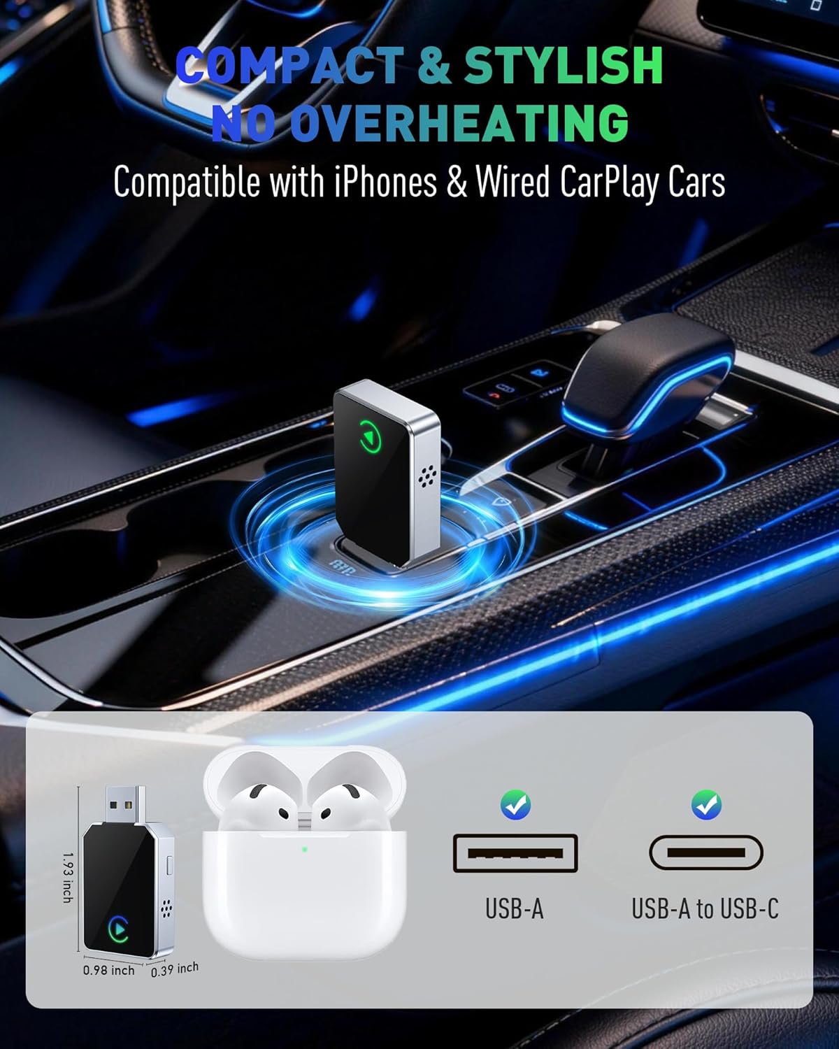 SPIRITIME Wireless CarPlay Adapter for iPhone – 5-Second Auto Connect | 1-Click Phone Swap for Families | Convert Wired to Wireless | Stable & Fast, Plug & Play | Supports Factory CarPlay Cars 2016+