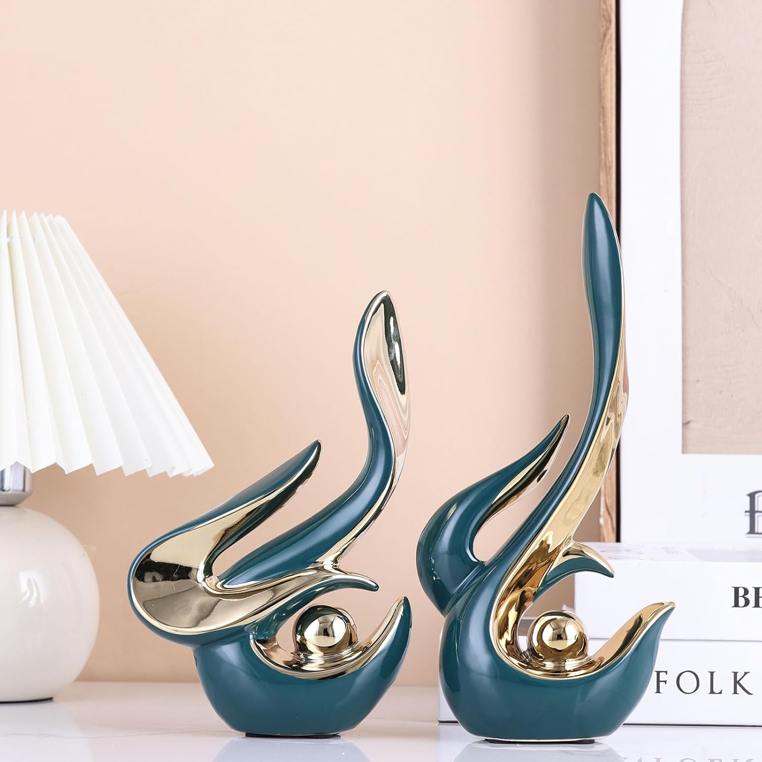 XMGZQ Mid Century Modern Abstract Art Home Decor Accent,Porcelain Statues for Living Room Coffee Table Centerpieces for Dining Room,Ceramic Sculptures and Gold Knick Knacks for TV Stand Decor (Green)