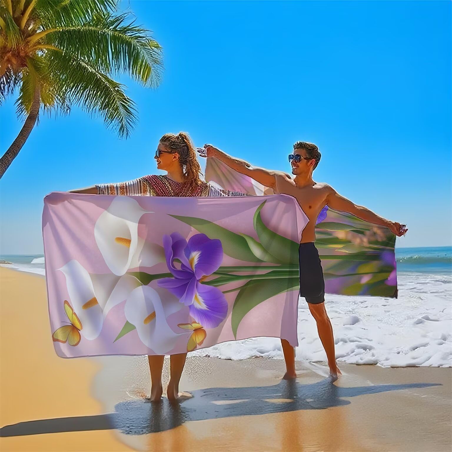 Serviette de Plage 90x200cm, Moderne Serviette Microfibre Lot de 2 Fleurs Motif Ultra Absorbantes Séchage Rapide Anti Sable Légère Drap de Plage avec Bouton Pression Design pour Piscine Sauna,Model296