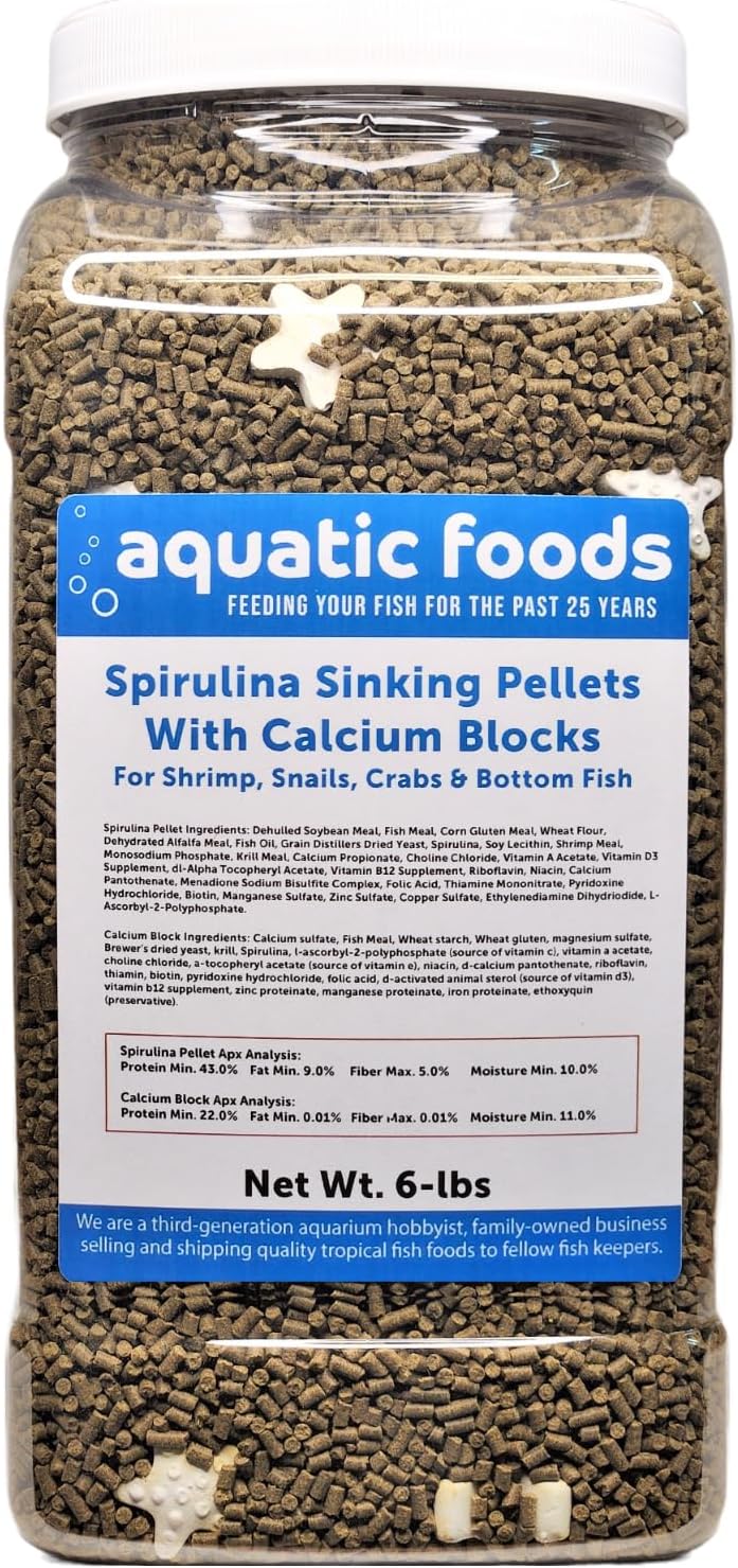 Aquatic Foods Inc. Calcium Blocks Included in These Spirulina Sinking Pellets for Shrimp, Snails, Crabs, Catfish, Plecos for All Tropical Fish 1/16" x 3/8" Pellets by Zeigler…2-lb 8oz Med Jar