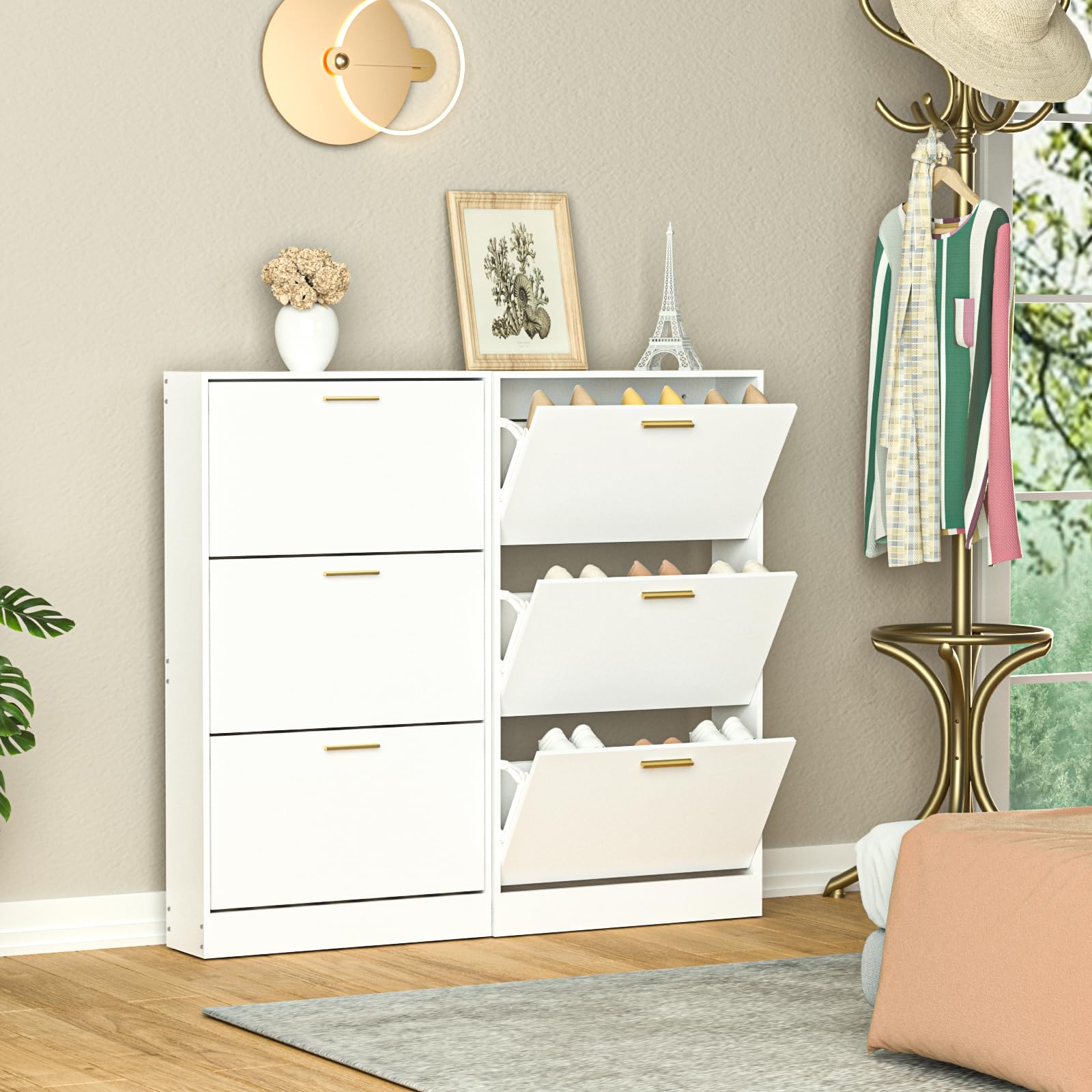 Shoe Cabinet for Entryway Set of 2, Narrow Shoe Storage Cabinet with 3 Flip Drawers, Wood Hidden Shoe Storage, Freestanding Shoe Organizer for Hallway, Bedroom, Apartment, White