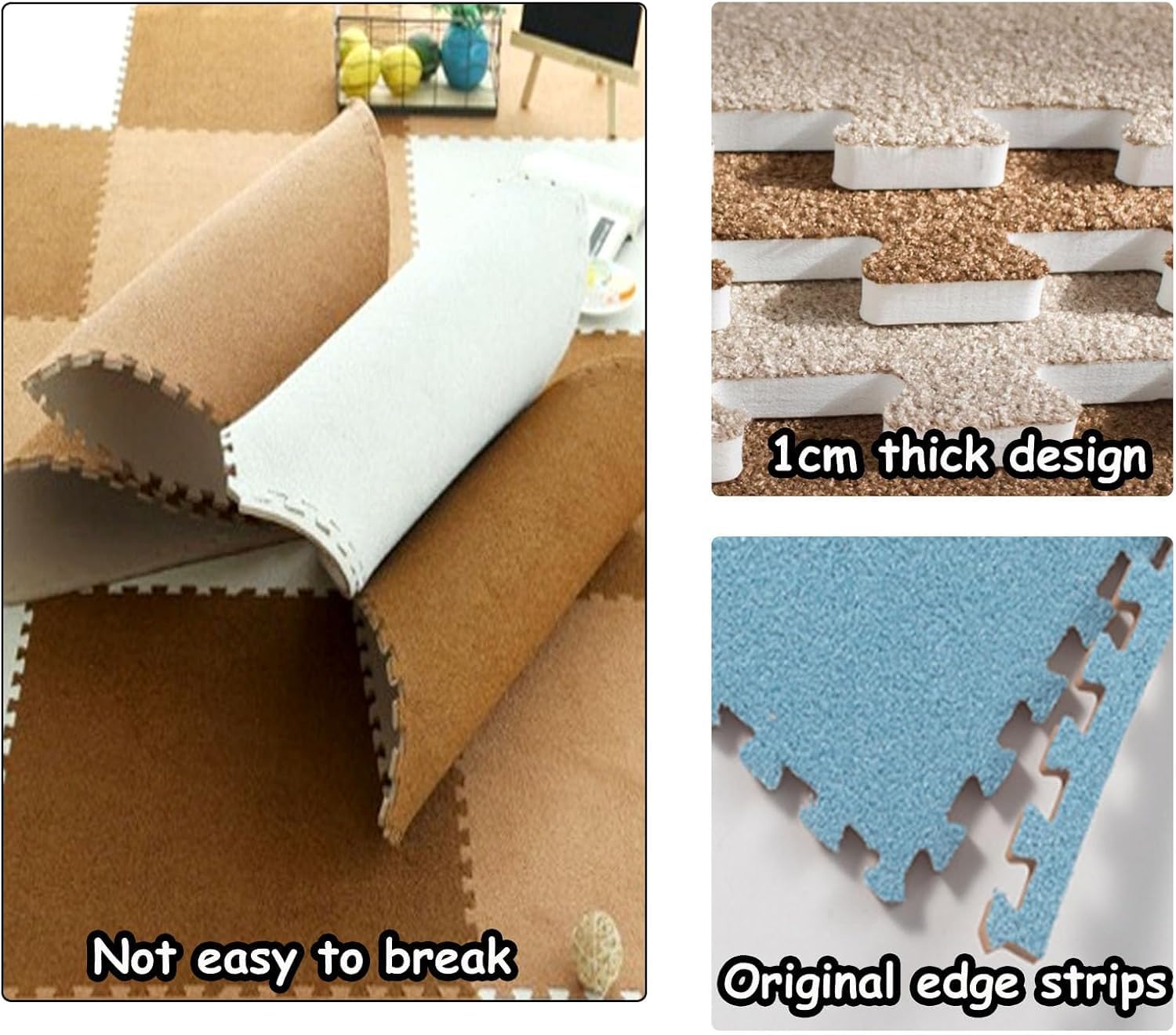 Dalles de Moquette emboîtables - Paquet de 10 pièces, Tapis Puzzle en Mousse de 30 x 30 cm, à Poils Courts, Noirs et Blanc cassé, adaptés aux Maisons, Bureaux, salles de Jeux pour Enfants, f