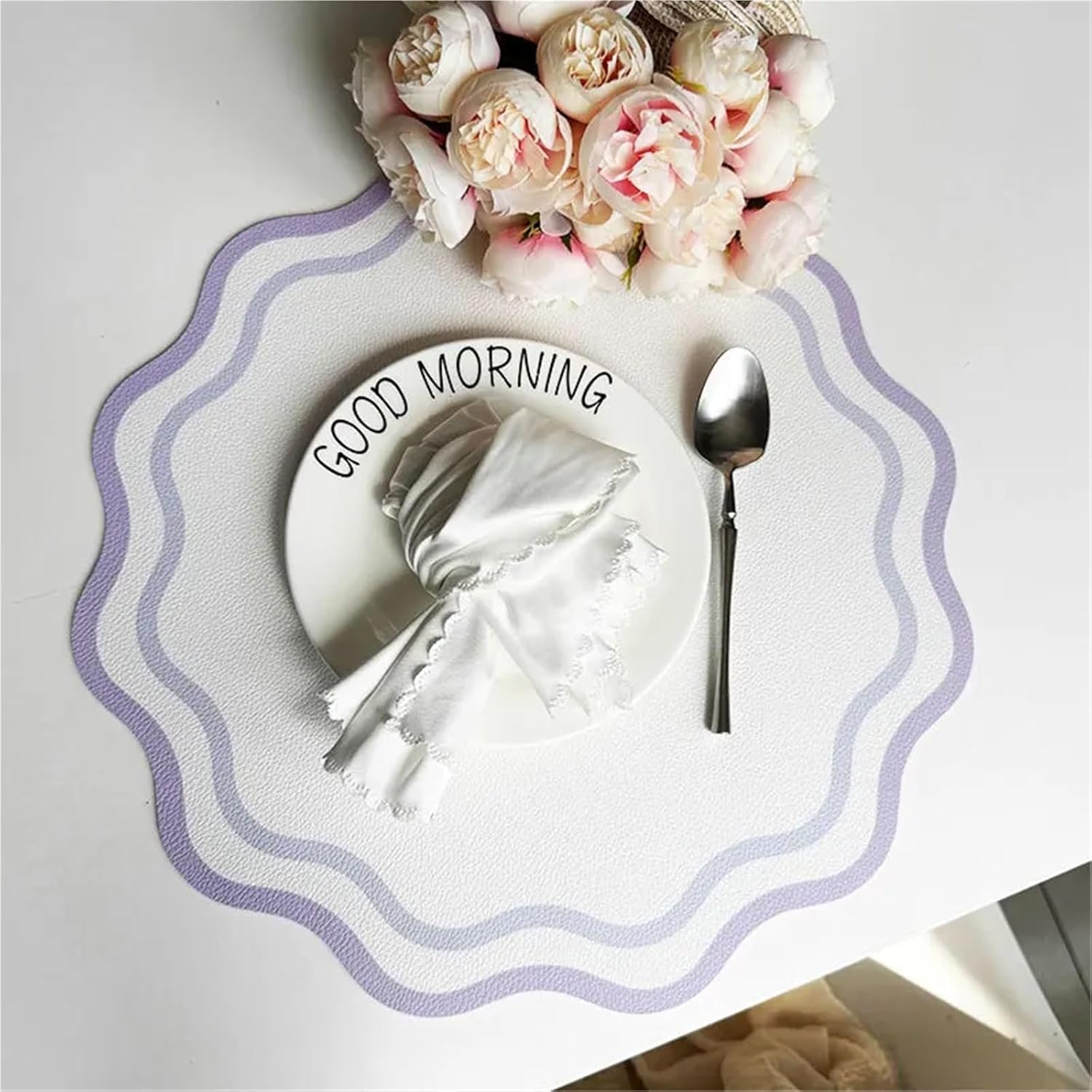 Sage Green Gift Placemats Faux Leather Round Reversible Placemats with Scallop Edge Washable Flower Shaped Table Mats(FPP Purple,4pcs Round 34cm)