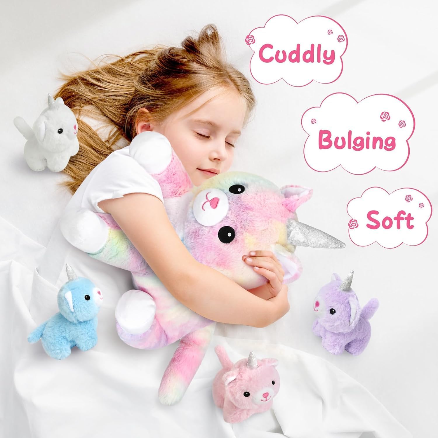 KMUYSL Toys for Ages 0 1 2 3 4 5 6 7 8+ Years - Plush Mommy Stuffed Animal with 4 Babies in Her Tummy, Soft Plush Toys Set, Christmas Birthday Gifts for Girls Boys, Toddler, Kids (Unicorn Cat Toys) - Image 5