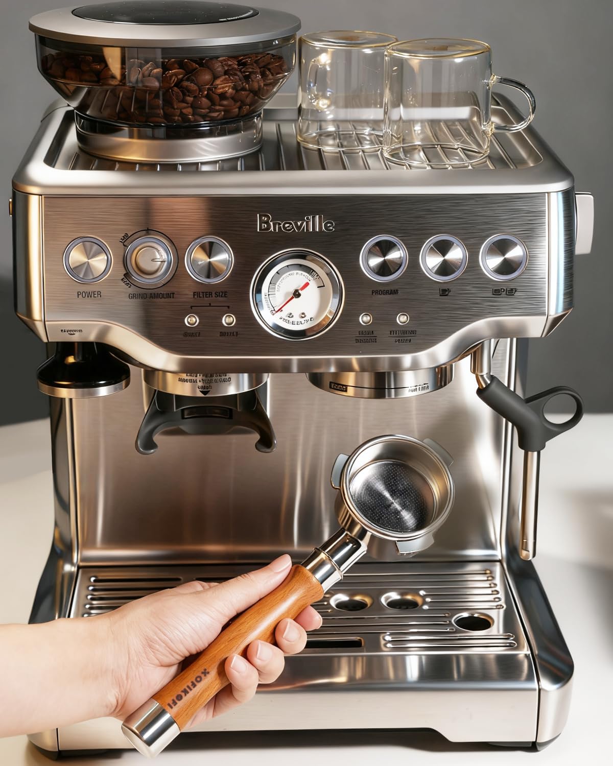 54mm Bottomless Portafilter 3 Ears, Bottomless Naked Portafilter Compatible with Breville/Sage Barista Express BES870/876/878/880/881/450/500/810/840, with Puck Screen and 18g Filter Basket - Rosewood - Image 6