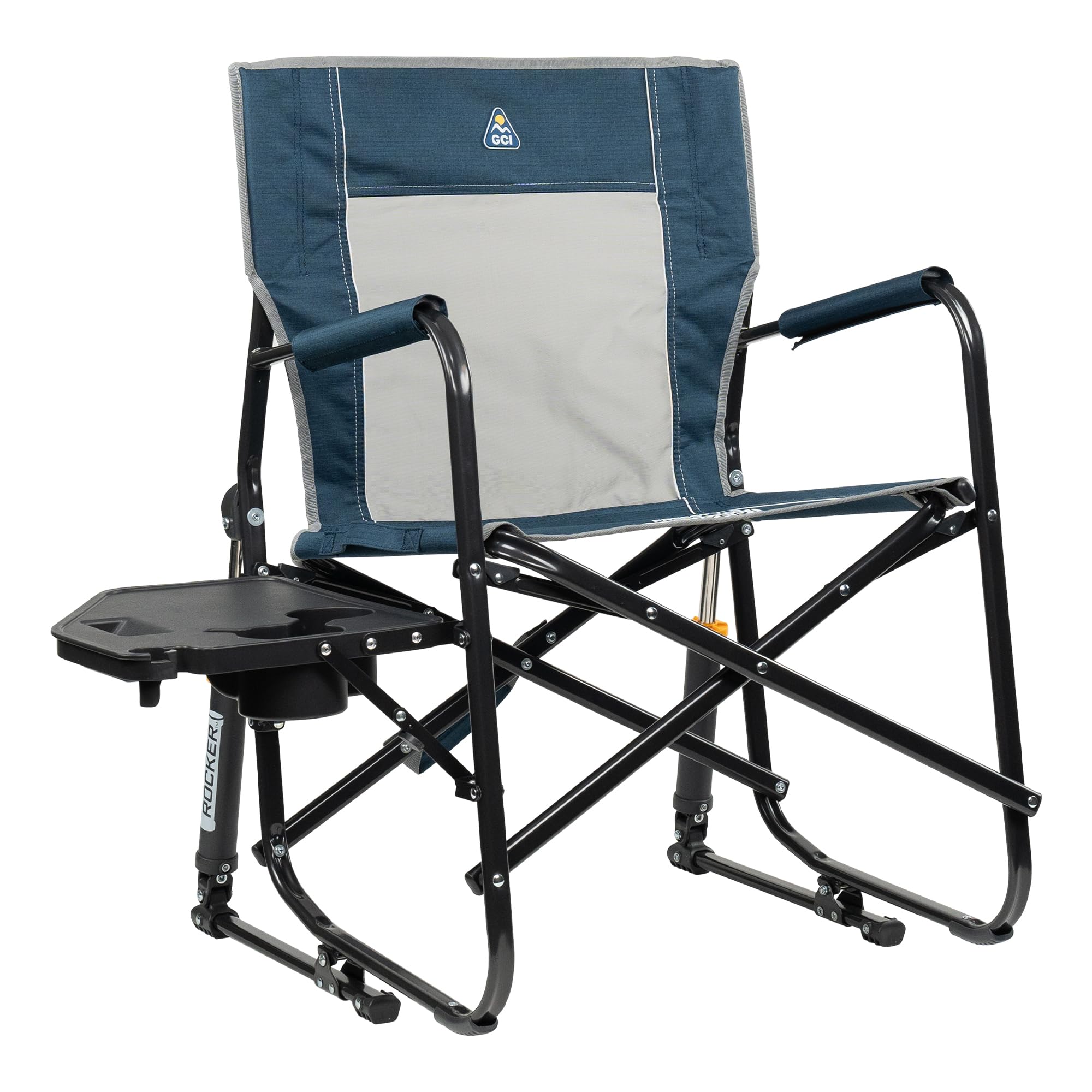 GCI OUTDOOR Freestyle Rocker with Side Table Camping Chair | Portable Folding Rocking Chair with Solid, Durable Armrests, Drink Holder & Comfortable Backrest — Heathered Indigo Freestyle Rocker W/ Side Table Heathered Indigo