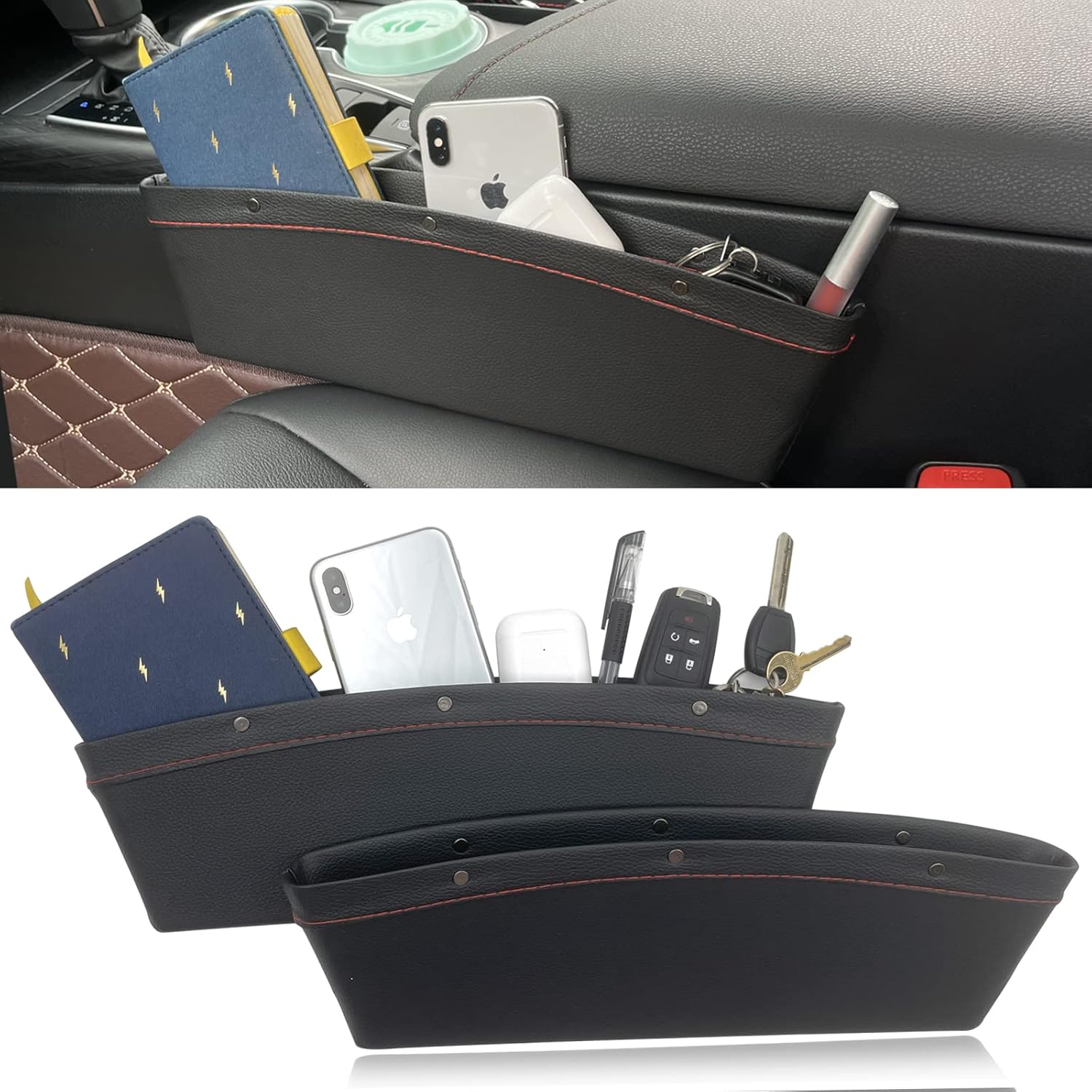 2PCS Car Seat Gap Filler, Multifunctional Adjustable Storage Pockets, Universal Leather Front Car Seat Crevice Storage Organizer, Car Seat Storage Accessories, Holds Keys, Coins, Cards, Pens (brown) : Automotive