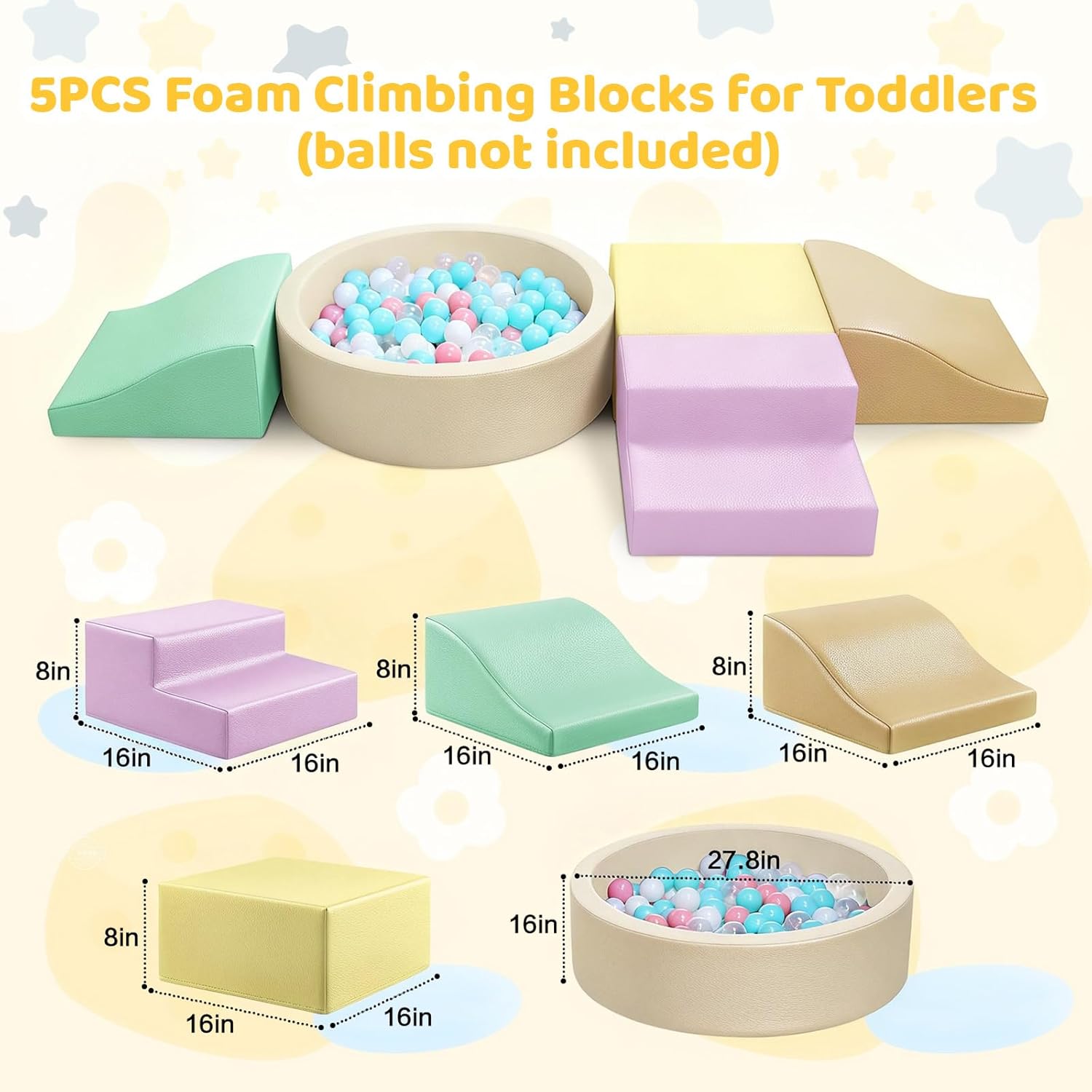 Foam Climbing Blocks for Toddler: with 4-Piece PU Leather Climbing Toys and a Ball Pit - Foam Ball Pit for Toddlers - Climbing Toys Indoor for Kids Crawling (Yellow Climbing Blocks)