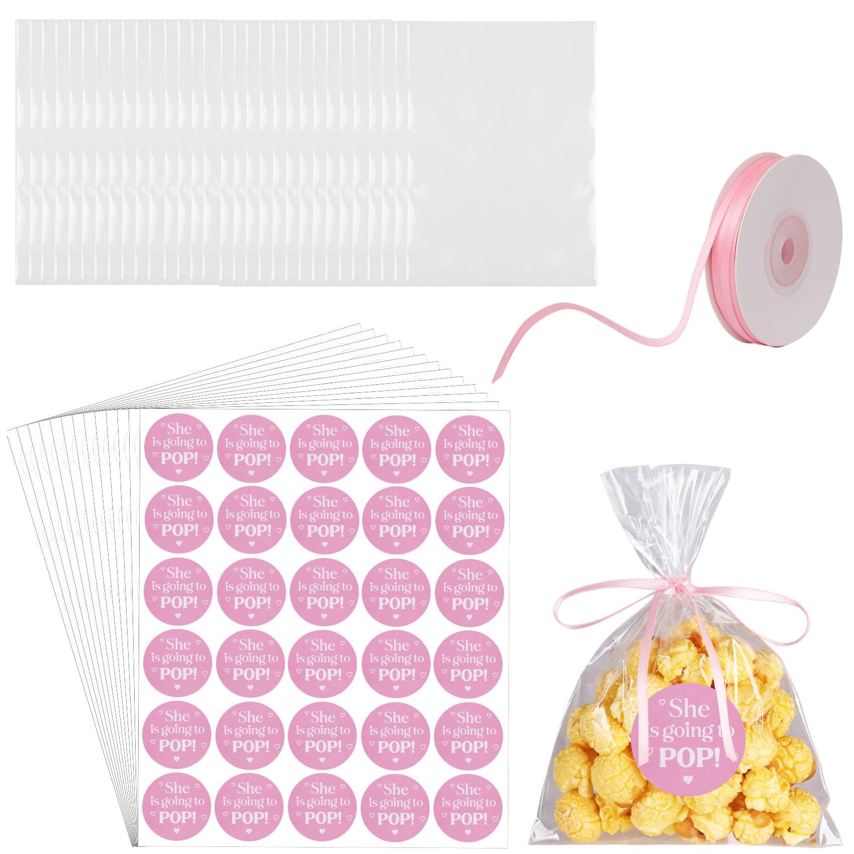 AIOMOB50 Pack She is Going to Pop Popcorn Bags Baby Shower Favor Labels with Clear Cellophane Bags and Ribbon Popcorn Bags for Gift Wrapping, Food Storage, Baby Shower Decorations (Pink)