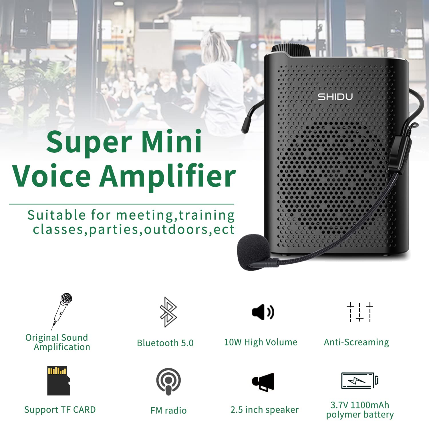 SHIDU Mini amplificatore vocale portatile ricaricabile con microfono cablato, supporta Bluetooth, audio in formato MP3, radio FM per insegnanti, allenatori, formazione, guida turistica