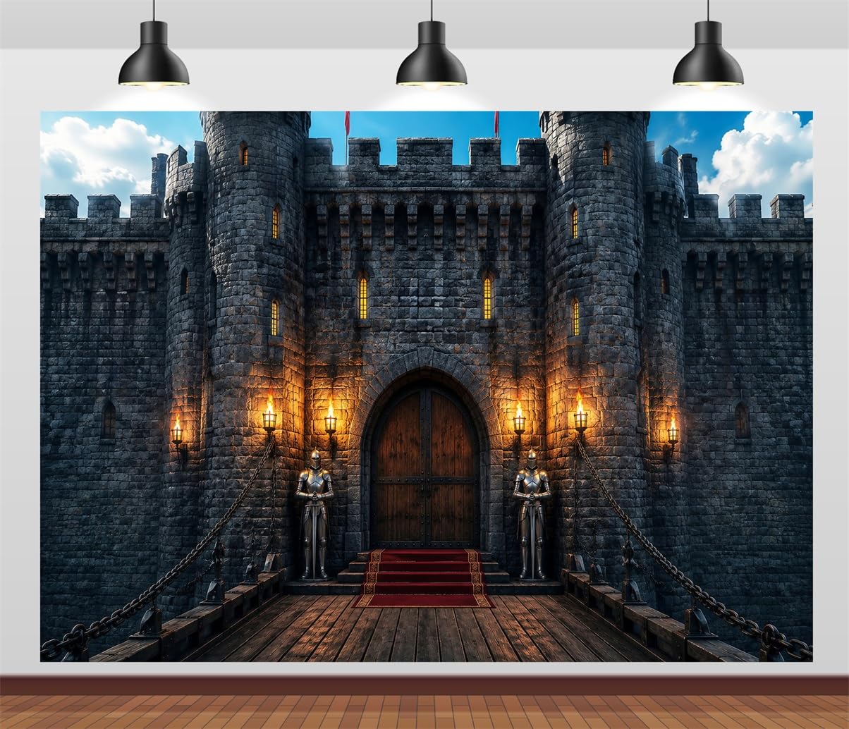 BELECO 6x3m Sfondo in tessuto Castello Medievale Porta in Pietra | Ponte Levatoio Castello Torce Tappeto Rosso Ingresso Sfondo Festa Compleanno Tema Cavaliere Telo Di Sfondo
