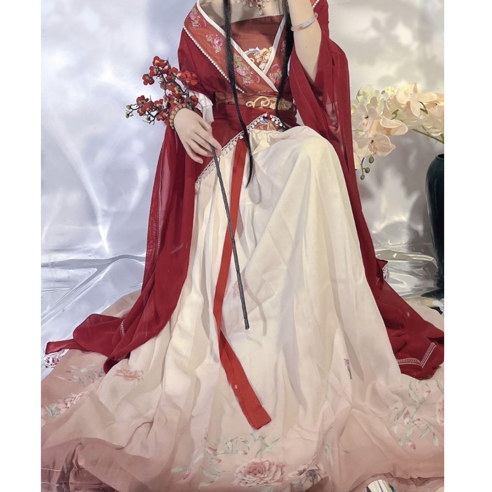 Czerwona Sukienka Hanfu W Stylu Retro W Stylu Chińskim (XS-XL), Długa Spódnica Damska Z Tradycyjnym Nadrukiem, Komplet 5-częściowy, Komfort I Przewiewność, Idealna Na Występy Sceniczne
