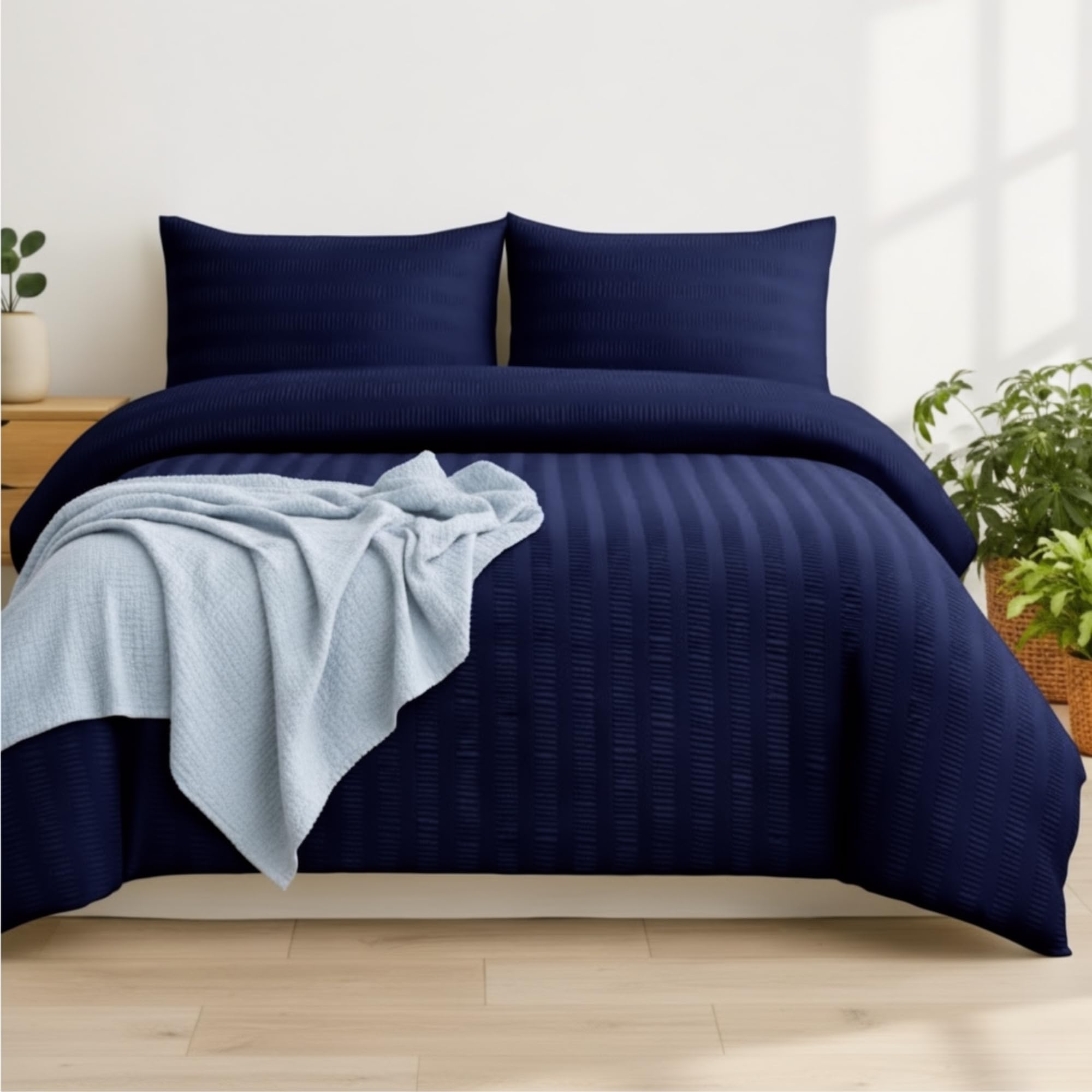 Q&H Bedding Single Seersucker Duvet Cover Set - Navy Quilt Cover Brushed Microfiber with Pillowcase - Multiple Sizes Complete Bedding Set - Soft & Breathable, Easy Care & Machine Washable — image 1