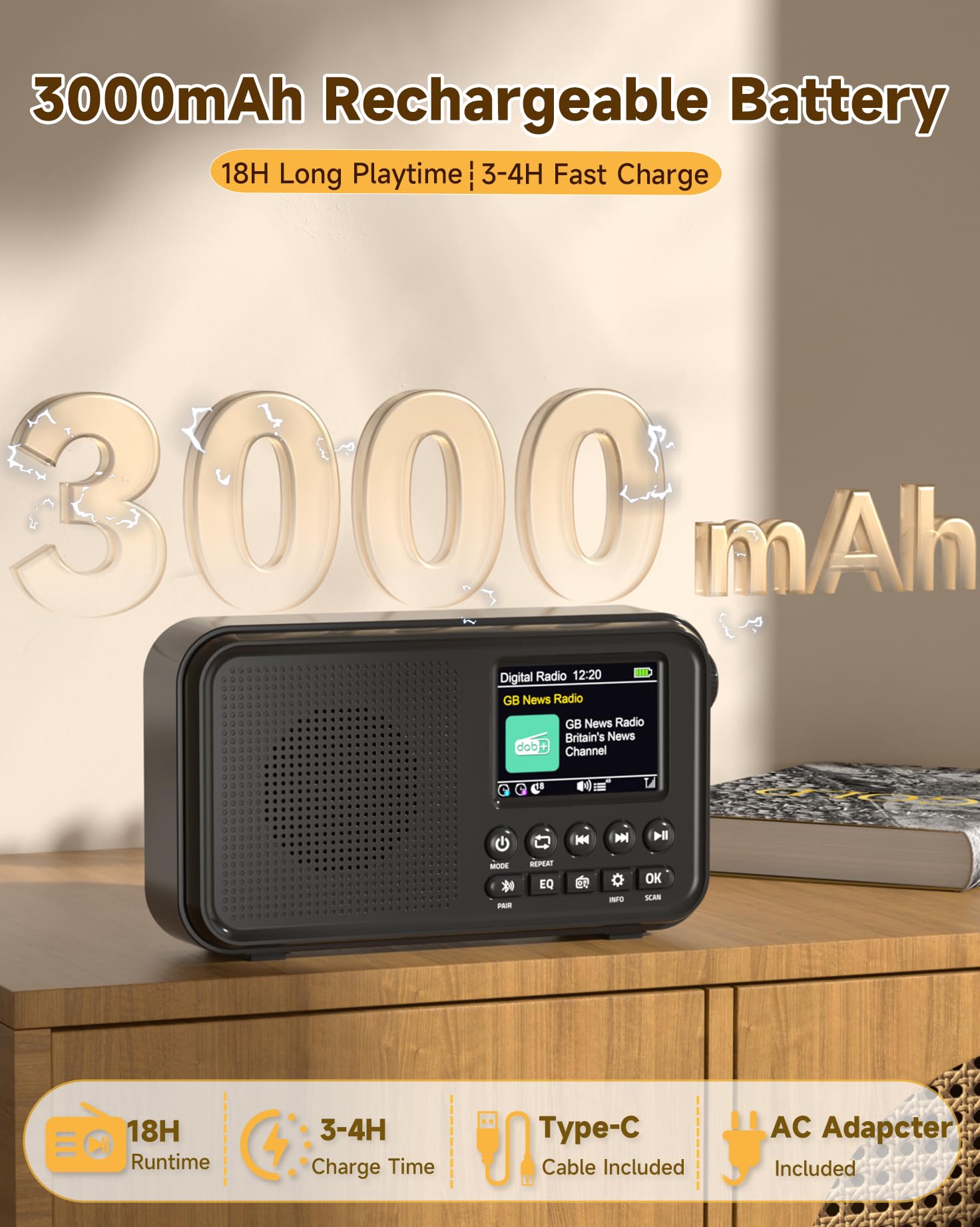Roxicosly Portable DAB+/DAB/FM Digital Radio with Bluetooth, 3000mAh Rechargeable Battery & USB-C Mains, 2.4" TFT Colour Display, 80 Presets, EQ, AUX, MicroSD Slot, Dual Alarm, Snooze & Sleep Timer — view 4