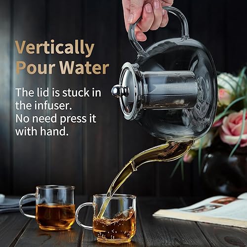 Miniatura 6 de Tetera de vidrio de 40 onzas (1200ML) con infusor apta para estufa, hervidor tetera de vidrio transparente, tetera de borosilicato con filtro