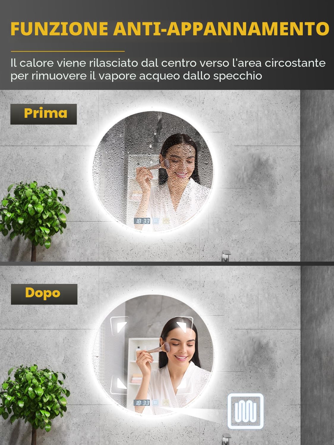 Specchio da bagno rotondo con illuminazione,specchio da parete da 60 cm,specchio a LED,3 colori di illuminazione regolabili, antiappannamento, interruttore touch,IP44,orizzontale/verticale