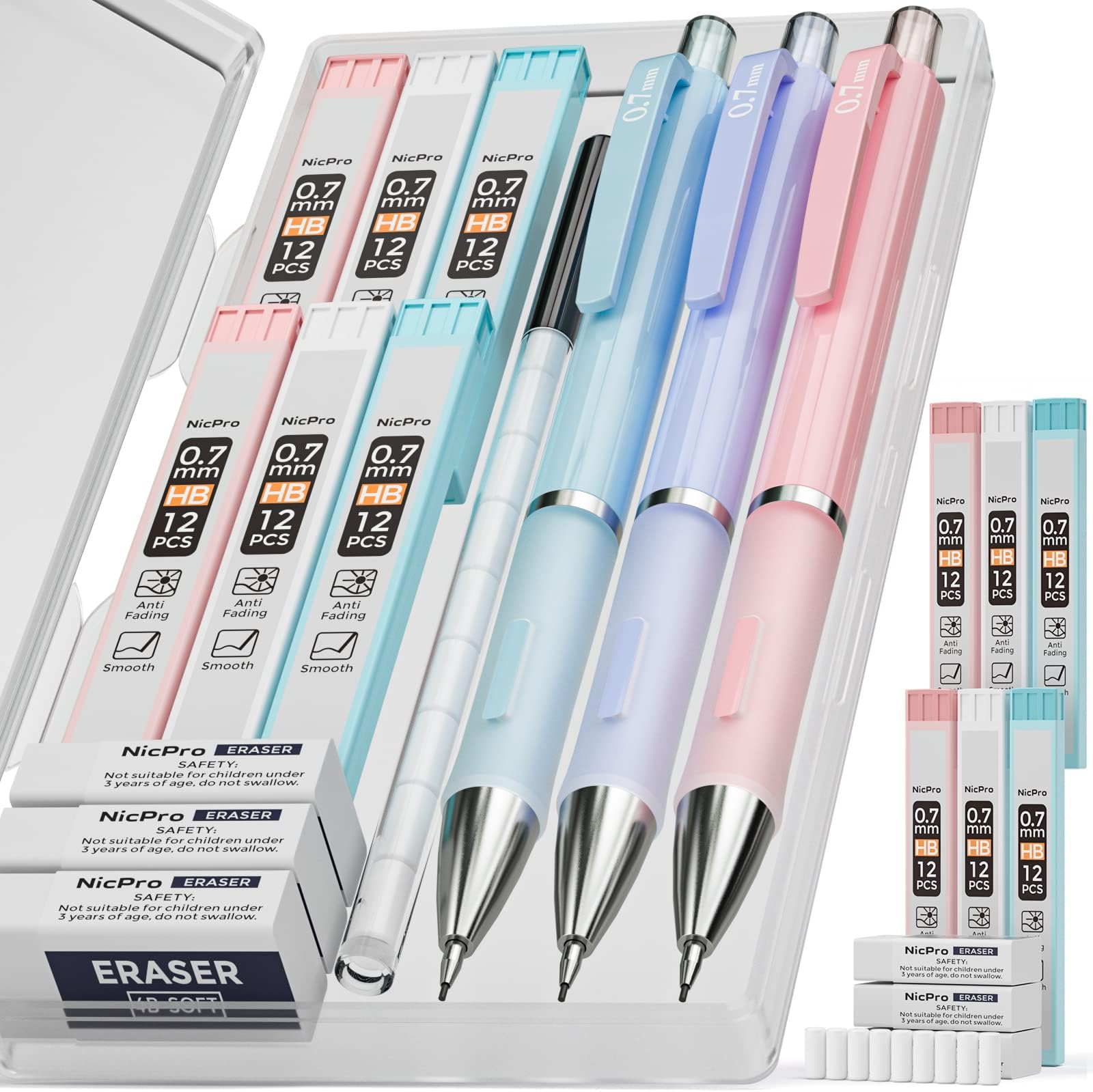 Nicpro 3PCS Pastel Mechanical Pencil Set with Case, 0.7 mm Cute Pencils with 6 Tube HB Lead Refill, 3PCS Eraser, Eraser Refill for Stationery School Supplies Student Writing Drafting Drawing Sketching