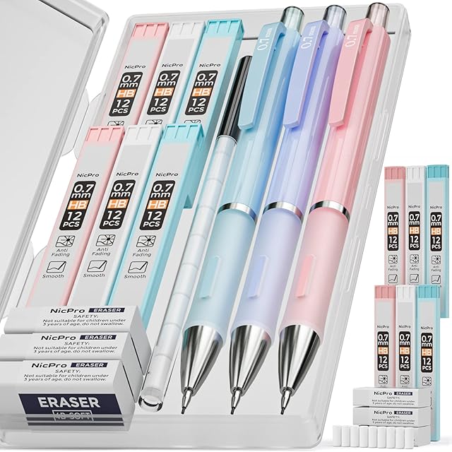 Nicpro 3 PCS Pastel Mechanical Pencil 0.7 mm for School, Retractable Pencils with 6 Tubes HB Lead Refills, 3 Erasers, 9 Eraser Refills For Student Writing Sketching, Blue,Pink, violet Colors-with Case