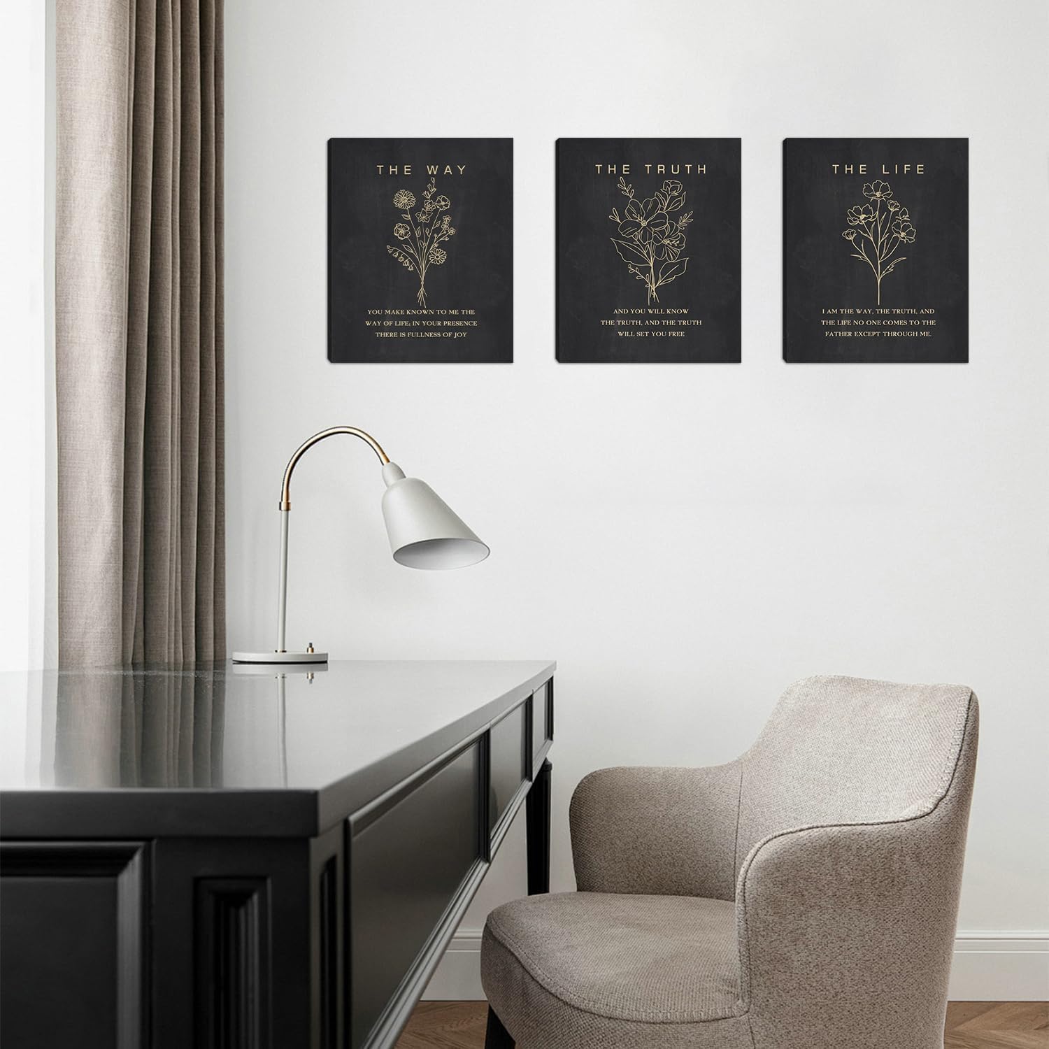 KAIRNE Framed Boho Floral Christian Bible Verse Canvas Wall Art Set,12”*16”Inch The Way The Truth The Life Scriptures Poster Black Minimalist Botanical Flower Bible Wall Decor for Living Room Bedroom - Image 4