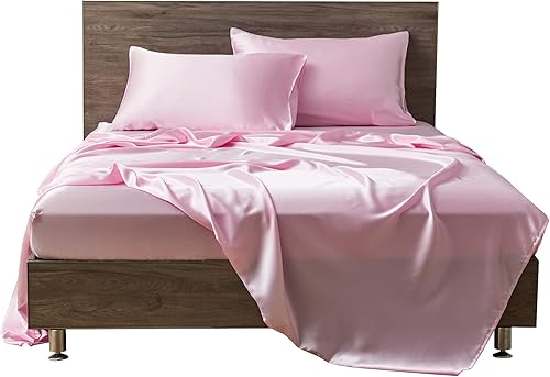 Vista 46 de 4 Pc Silk Satin Sheets Set Fitted & Flat Sheets Pillowcases Hotel Quality, Silky Soft Luxurious! Full, Hot Pink