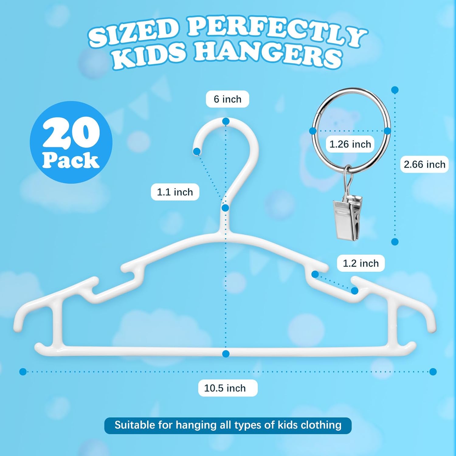 Baby Hangers with Metal Ring Clips, Children Plastic Hanger for Kids Pants Clothes Closet, 20 Pack, White - Image 2