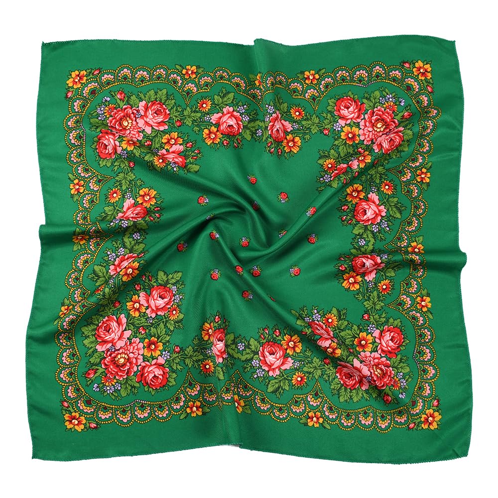 Oleets Women's Green Spring And Autumn Bohemian Style Flowers Head Scarf Shawl,70X70cm(Green) Russian And Ukrainian Style Square Shawls Scarves