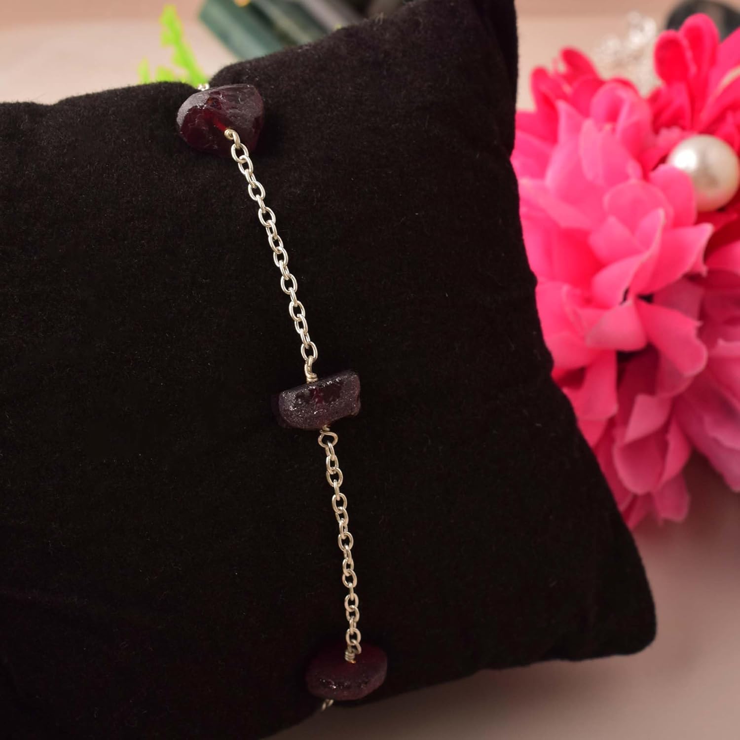 Natural Garnet Stone Bracelet – Raw Gemstone Chain Bracelet for Women – Handmade Adjustable Jewelry – Red Crystal Beads – January Birthstone Gift – Boho Chic Fashion Accessory (Garnet) - Image 3