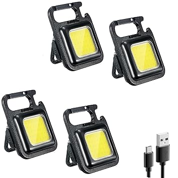 AUTOGUYS Keychain COB LED Light 2-Hours Battery Life Bottle Opener Magnetic Base Folding Bracket 500 Lumens Rechargeable Emergency Light (4 Modes; Aluminum - Pack of 4)