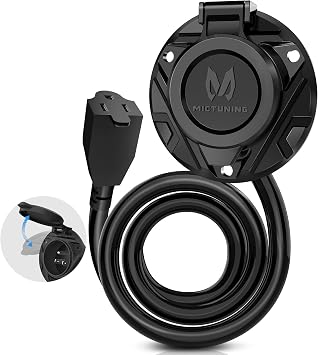MICTUNING 10A-15A AC Port Plug, 125V Power Inlet Socket with Integrated 20-Inch Extension Cord & Waterproof Auto Shut Cover, Cable Clips & Screws - Black