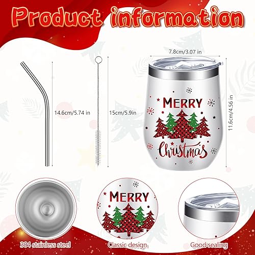 Miniatura 2 de Ziliny 6 vasos de vino de acero inoxidable de Navidad de 12 onzas, vaso de vino aislado divertido con tapa, popote y cepillo, tazas de vino aisladas