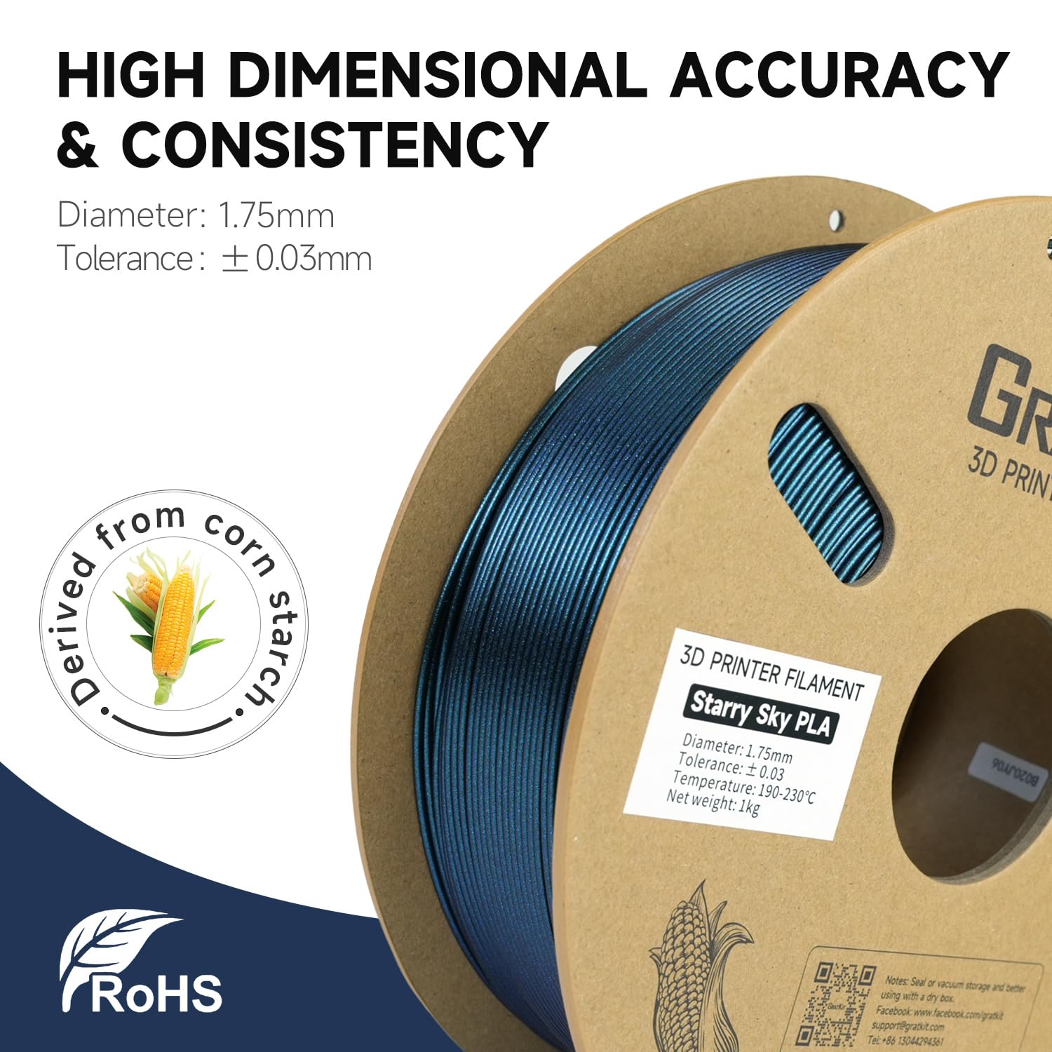 GratKit Filament PLA Sparkly Glitter 1.75mm Bobine de 1KG, 3D Imprimante Filament ±0,03mm Précision, 1000g Starry Sky PLA, Bleu Galaxie