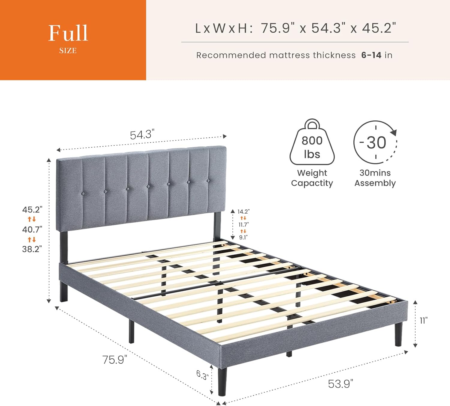 Sweetcrispy Full Size Bed Frame - Fabric Upholstered Platform Bed with Headboard, 800LBS Sturdy Wooden Slats Support, No Box Spring Needed, Noise Free, Easy Assembly, Grey