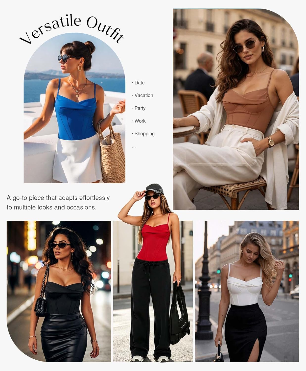 Popilush Corset Bodysuit for Women Tummy Control Shapewear Bodysuits Cowl Neck Going Out Tops Concert Outfits