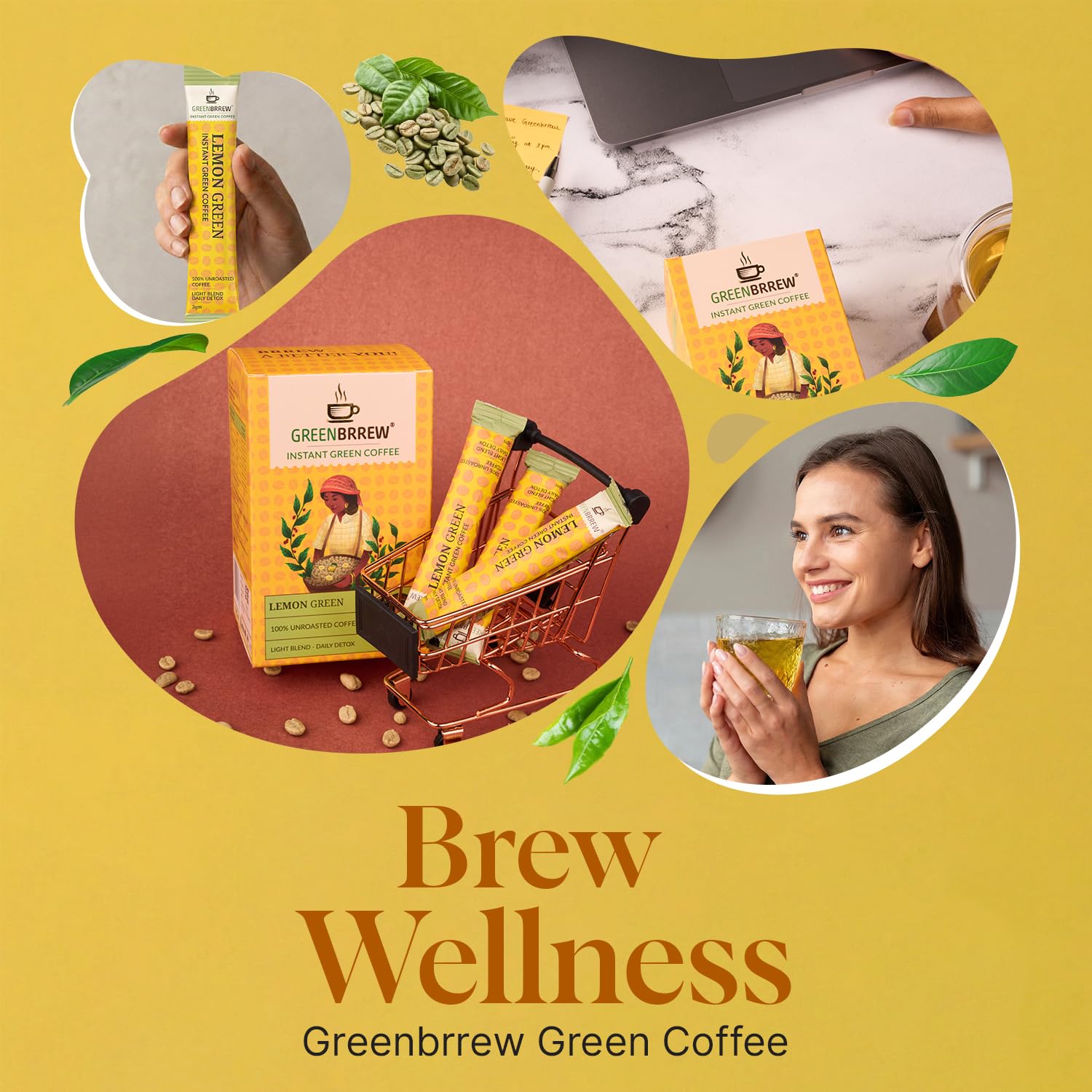 Greenbrrew Lemon Instant Green Coffee - 100 Easy Mix Sachets, Pack of 5 (300g) 2