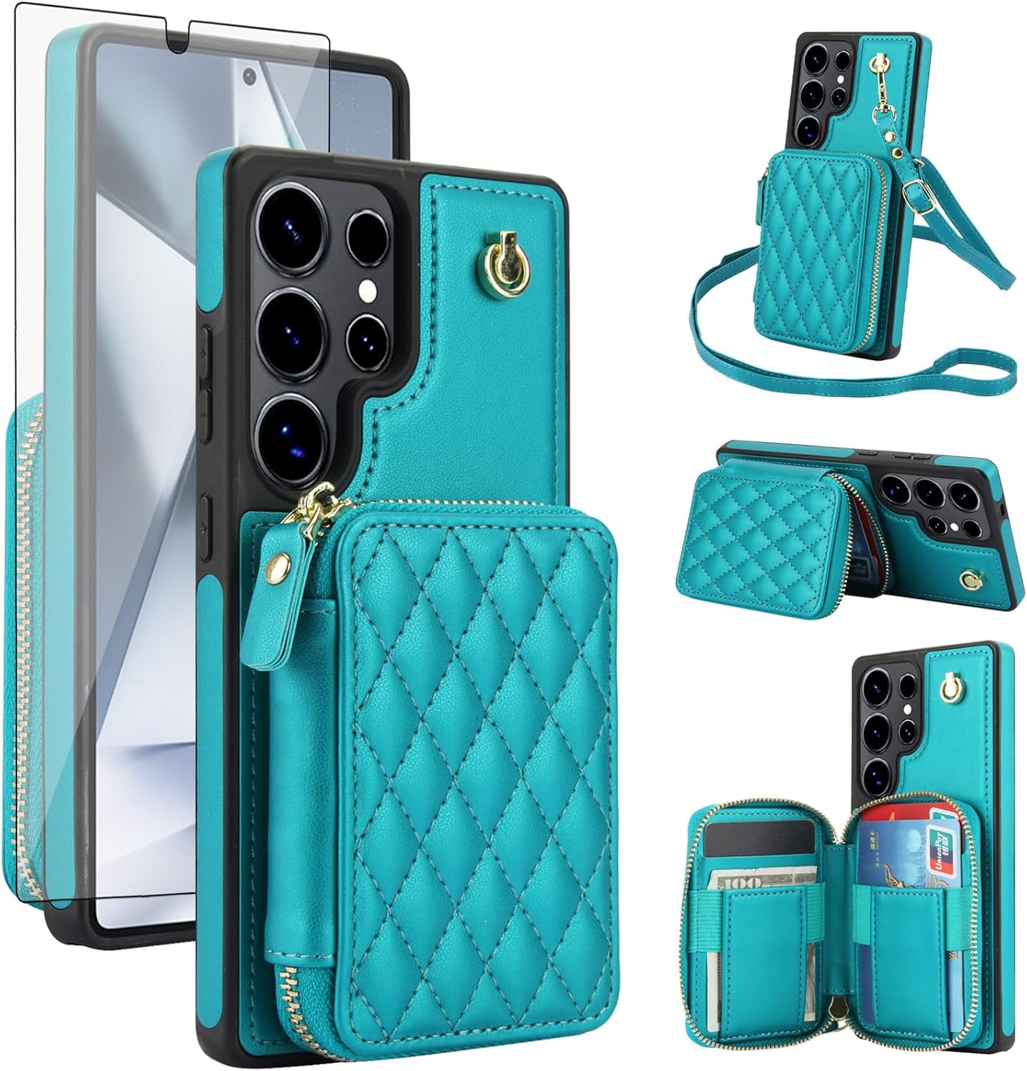 Phone Case for Samsung Galaxy S24 Ultra 5G Wallet Cell Cover with Tempered Glass Screen Protector Wrist Crossbody Strap RFID Blocking Credit Card Holder TPU S24Ultra 24S S 24 24Ultra Women Girls Green