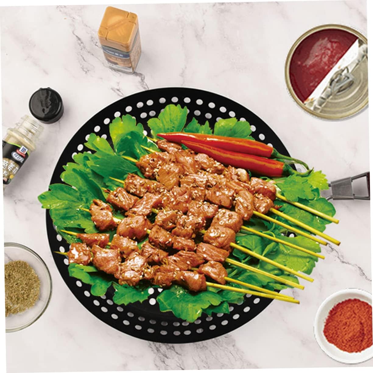 1pc Nonstick Bbq Grill Pan Wooden Handle Portable Barbecue Tray for Outdoor Cooking for Vegetables and Meat Ergonomic Design for Comfortable Use