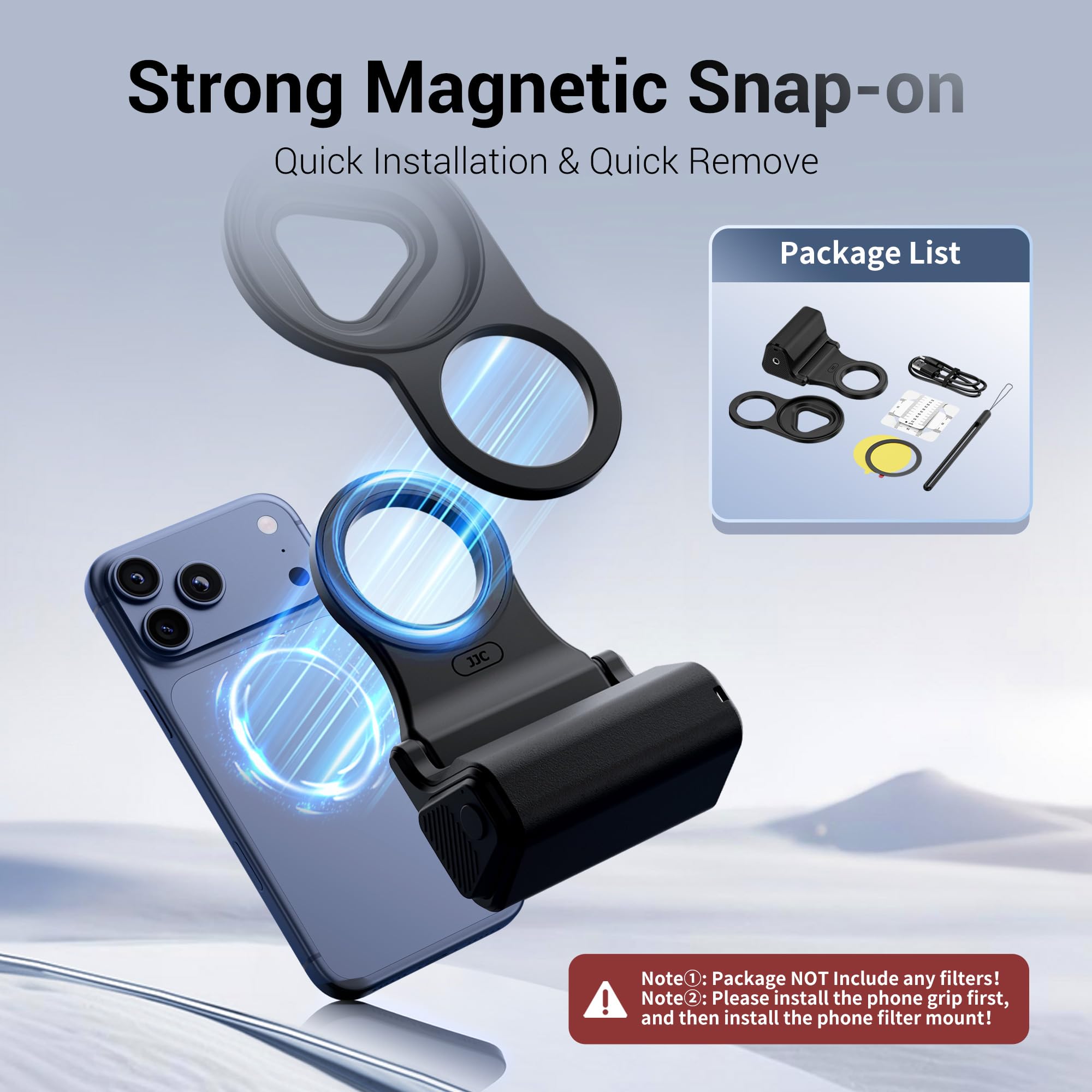 JJC 2-in-1 67-mm-Filteradapter und magnetische Handy-Handschlaufe für iPhone 17/Air, 17 Pro, 16 Pro, 15 Pro, 14 Pro – Halterung 67 mm Filter, Bluetooth-Fernbedienung, Schnappgriff-Ständer