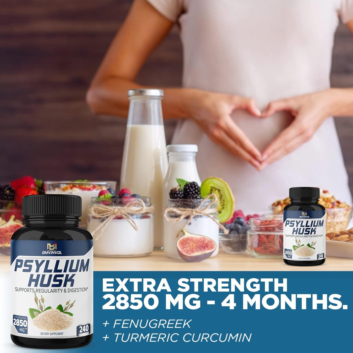 BMVINVOL Premium Psyllium Husk Capsules 2850mg - 4 Months Supply - Fenugreek, Turmeric, Ginger - Supports Digestive Health and Regularity - 240 Capsules